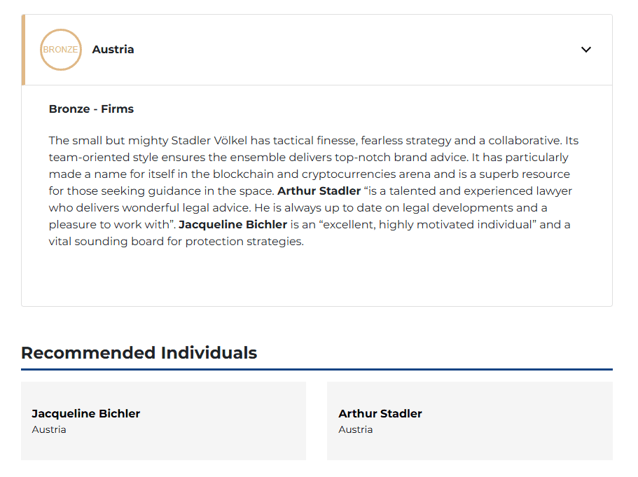 WTR 1000 - 2025 - STADLER VÖLKEL listed as one of the top trademark law firms in Austria (category BRONZE). #1